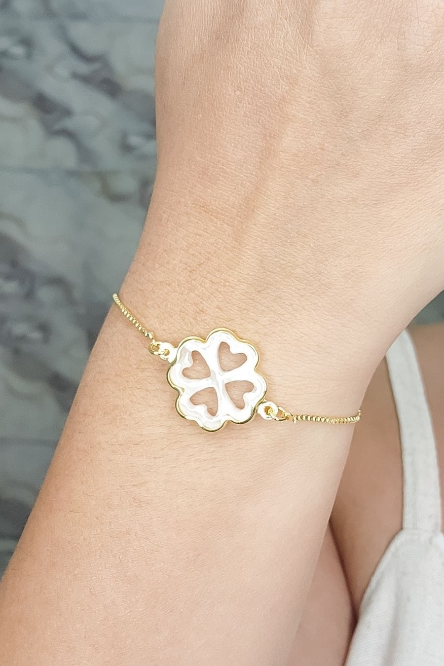 Pulseira Ajustável com Trevo de Quatro Folhas de Madrepérola (PL0003)